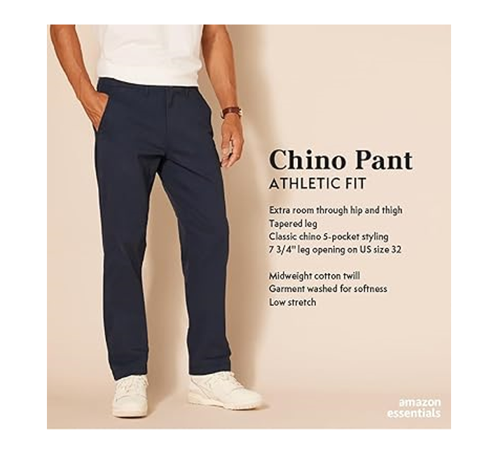 Essentials Men's Athletic-Fit Casual Stretch Chino Pants, Navy, 38W x 34L
