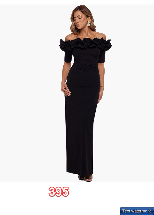 Xscape Long Crepe Off The Shoulder Ruffle Short Sleeve Black Size 8