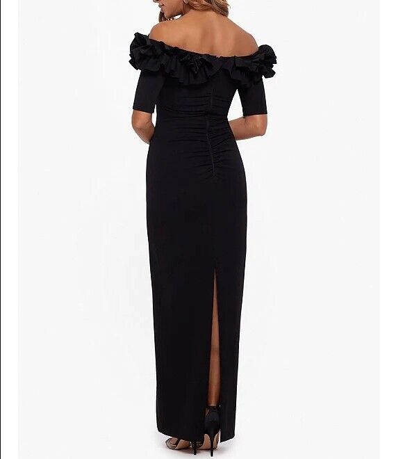 Xscape Long Crepe Off The Shoulder Ruffle Short Sleeve Black Size 8