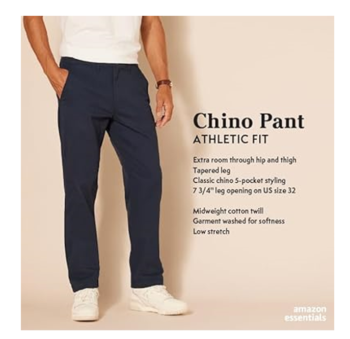 Essentials Men's Athletic-Fit Casual Stretch Chino Pant, Khaki Brown, 29W x 30L