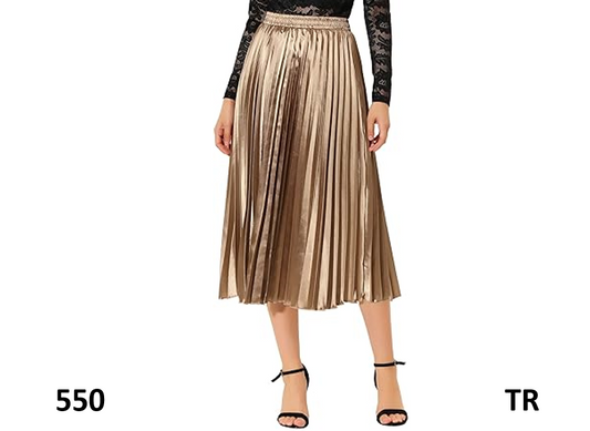 Allegra K Women Party Elastic Waist Metallic Shiny Pleated Midi Skirt, Small
