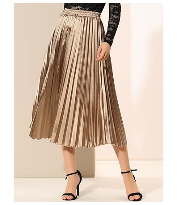 Allegra K Women Party Elastic Waist Metallic Shiny Pleated Midi Skirt, Small