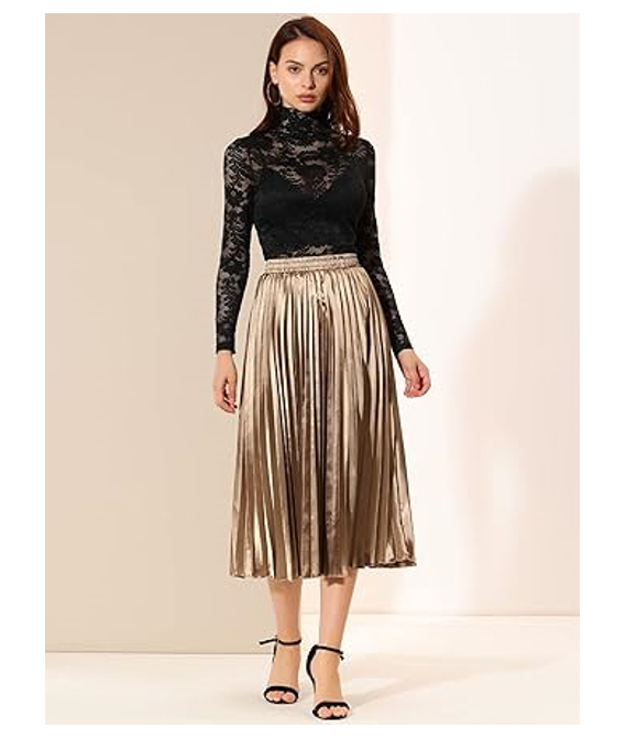 Allegra K Women Party Elastic Waist Metallic Shiny Pleated Midi Skirt, Small