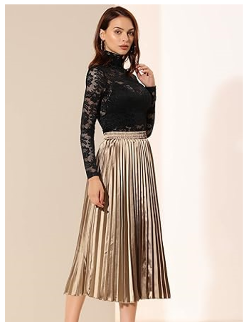 Allegra K Women Party Elastic Waist Metallic Shiny Pleated Midi Skirt, Small