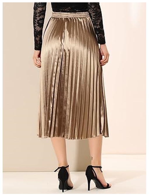 Allegra K Women Party Elastic Waist Metallic Shiny Pleated Midi Skirt, Small