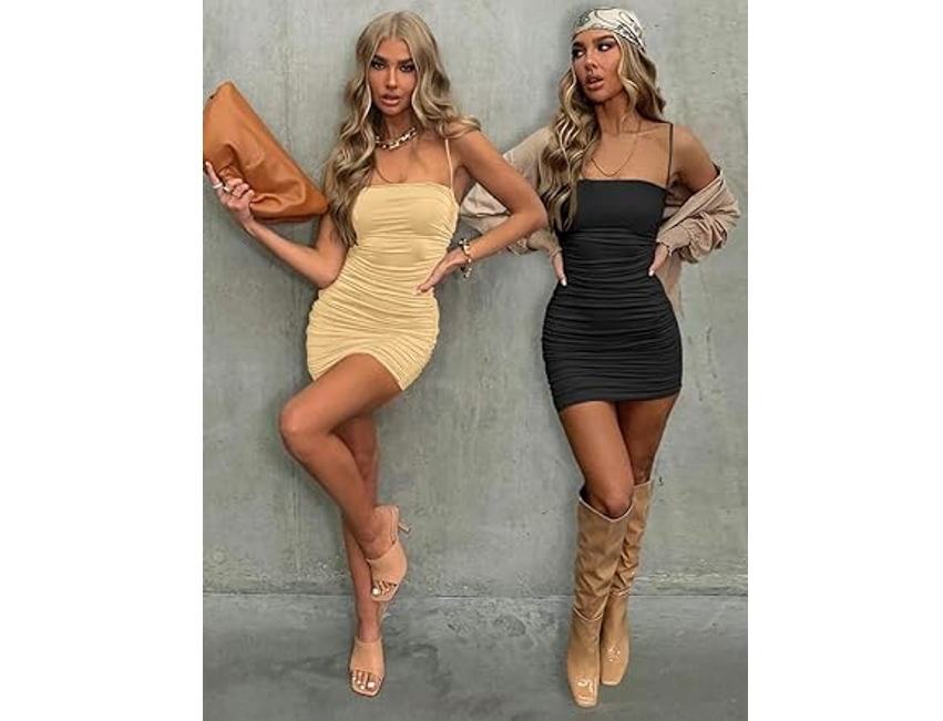YMDUCH Women Sexy Bodycon Party Dresses Spaghetti Strap Ruched Mini Club Dress,S
