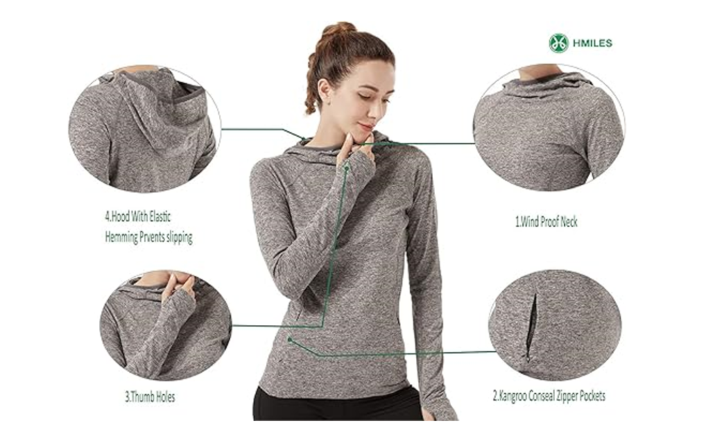 Women Running Hoodie Long Sleeve, Pocket UV Sun Protection Shirt Quick Dry, XL