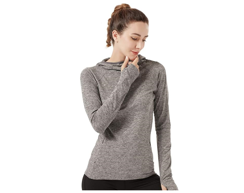Women Running Hoodie Long Sleeve, Pocket UV Sun Protection Shirt Quick Dry, XL