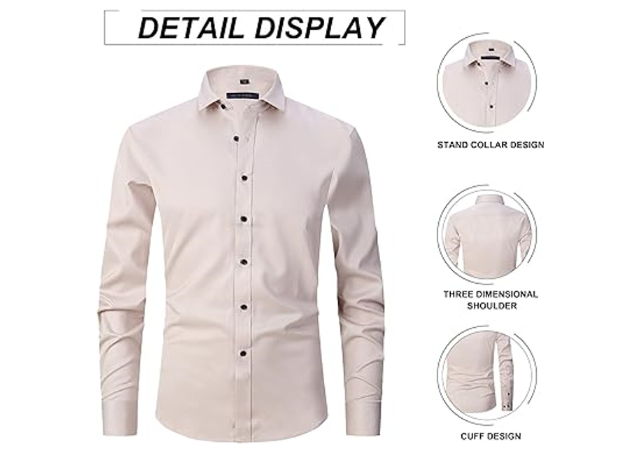 ATOFY Men's Long Sleeve Dress Shirt Regular Fit Casual Button-Down Solid Shirt,M