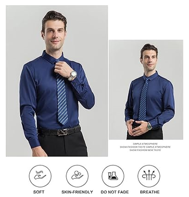 ATOFY Men's Long Sleeve Dress Shirt Regular Fit Casual Button-Down Solid Shirt,M