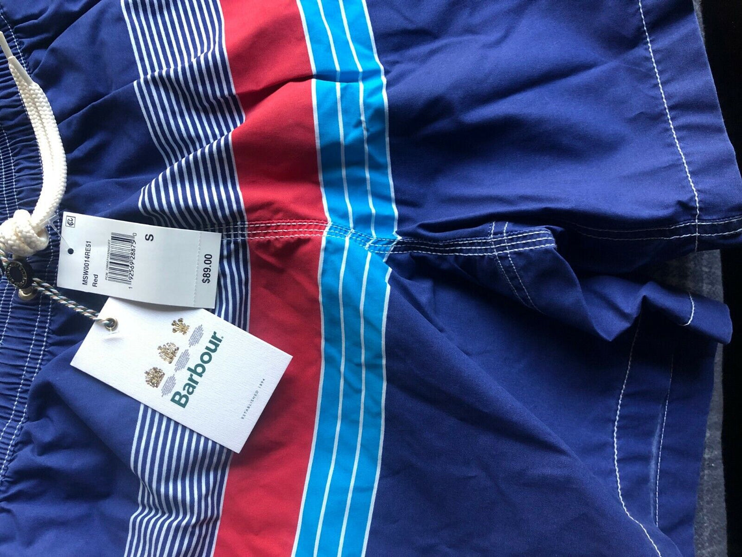 Barbour Swim  Barbour Men Striped Swim Trunks  Color: Red/Blue/White  S NWT