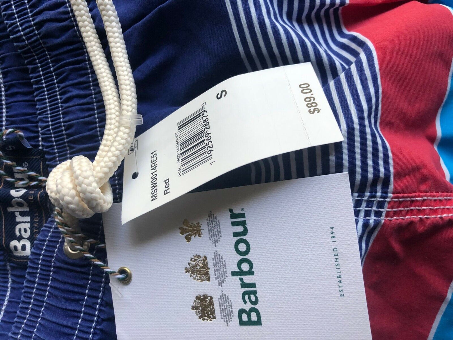 Barbour Swim  Barbour Men Striped Swim Trunks  Color: Red/Blue/White  S NWT