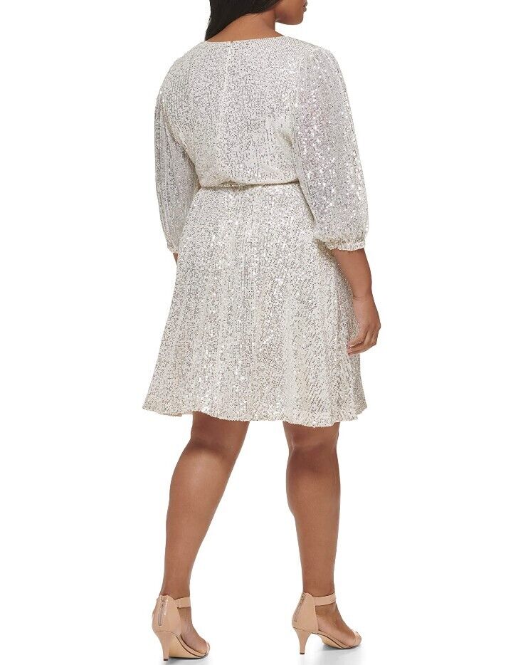 DKNY  Plus Size Long Sleeve Sequin Surplice Faux Wrap Silver 22W
