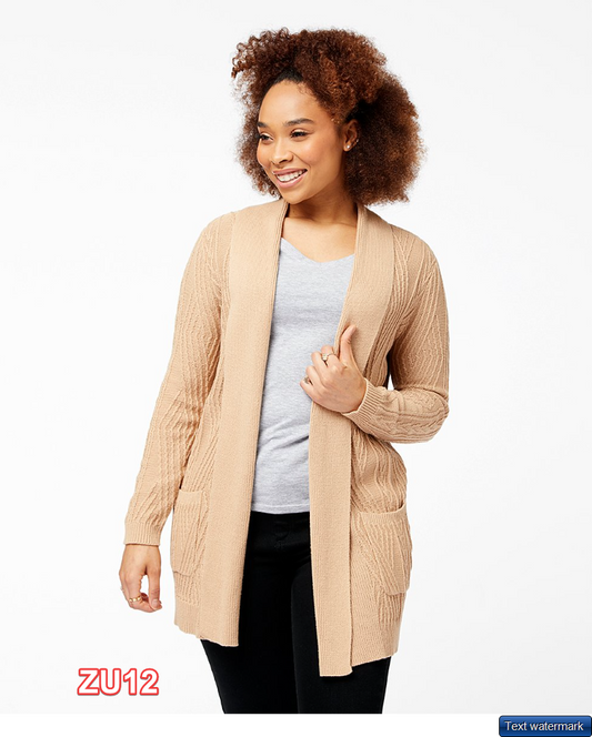Arpeggio Knitwear | Cinnamon Beige Cable-Knit Pocket Open Cardigan - Women 2X