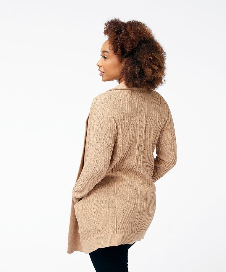 Arpeggio Knitwear | Cinnamon Beige Cable-Knit Pocket Open Cardigan - Women 2X