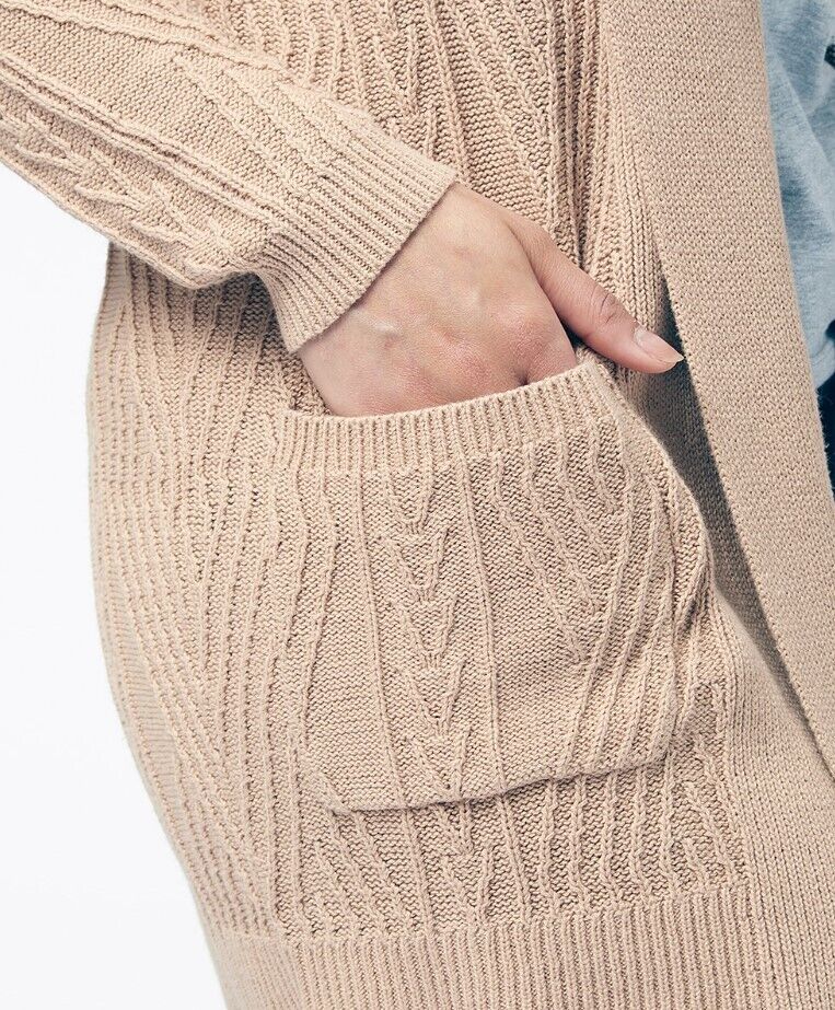 Arpeggio Knitwear | Cinnamon Beige Cable-Knit Pocket Open Cardigan - Women 2X