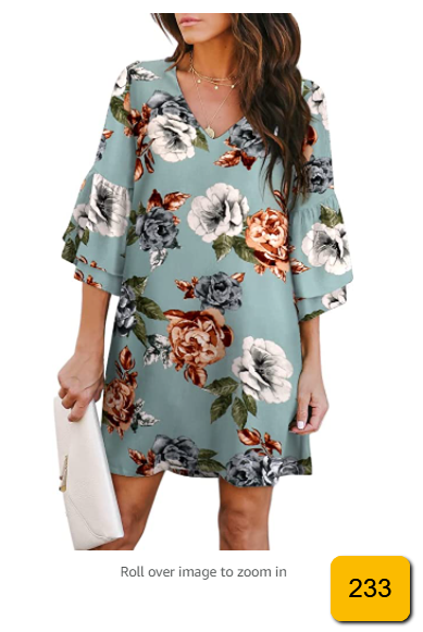 BELONGSCI Women's Dress Sweet & Cute V-Neck Bell Sleeve Shift Dress Mini Dress S