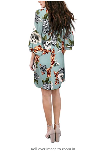 BELONGSCI Women's Dress Sweet & Cute V-Neck Bell Sleeve Shift Dress Mini Dress S