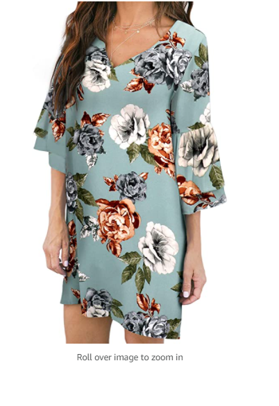 BELONGSCI Women's Dress Sweet & Cute V-Neck Bell Sleeve Shift Dress Mini Dress S