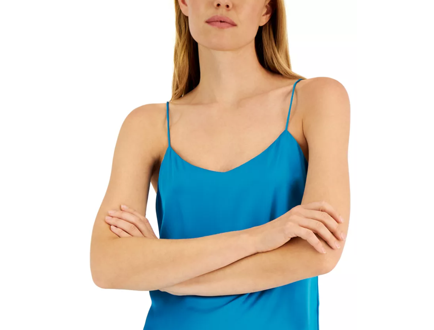 Anne Klein Women's Slvlss V-Neck Camisole Tank,Matte Satin Fabric,Blue Ocean,XXS