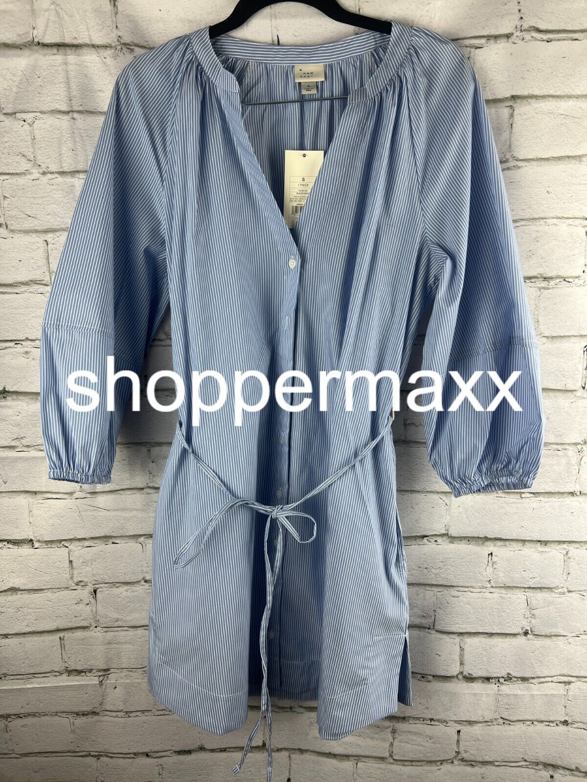 Women's Balloon 3/4 Sleeve Mini Shirtdress - A New Day Blue/White Striped, S