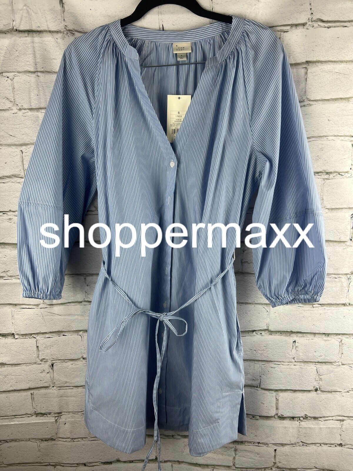 Women's Balloon 3/4 Sleeve Mini Shirtdress - A New Day Blue/White Striped, S