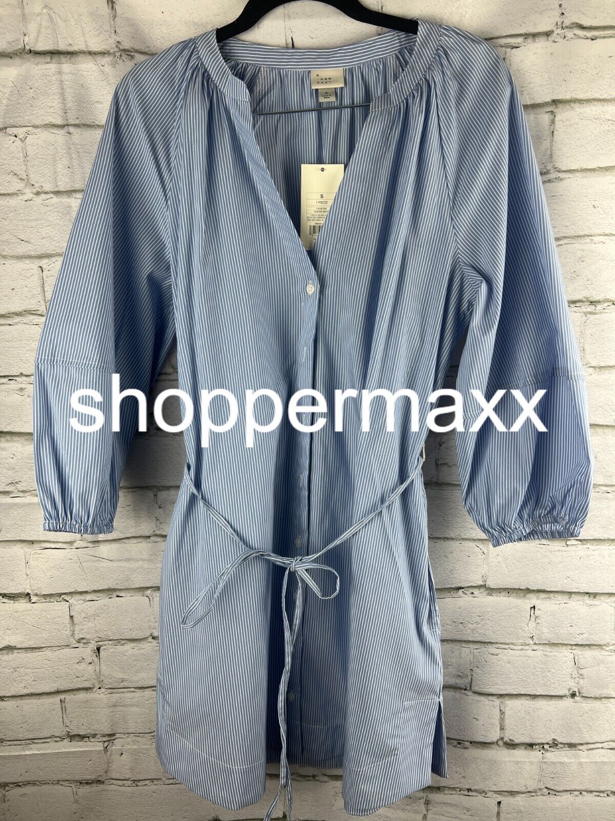 Women's Balloon 3/4 Sleeve Mini Shirtdress - A New Day Blue/White Striped, S