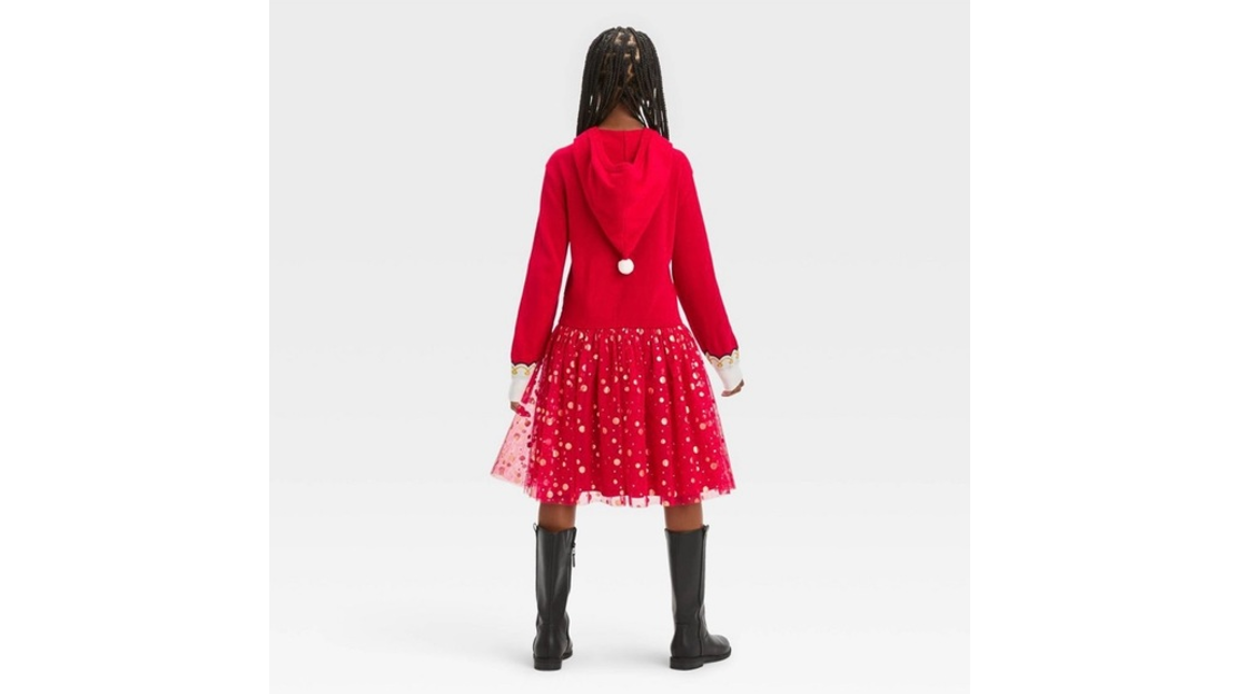 Well Worn Girls Holiday Christmas Santa Hooded Sweater Dress, Christmas Red, L