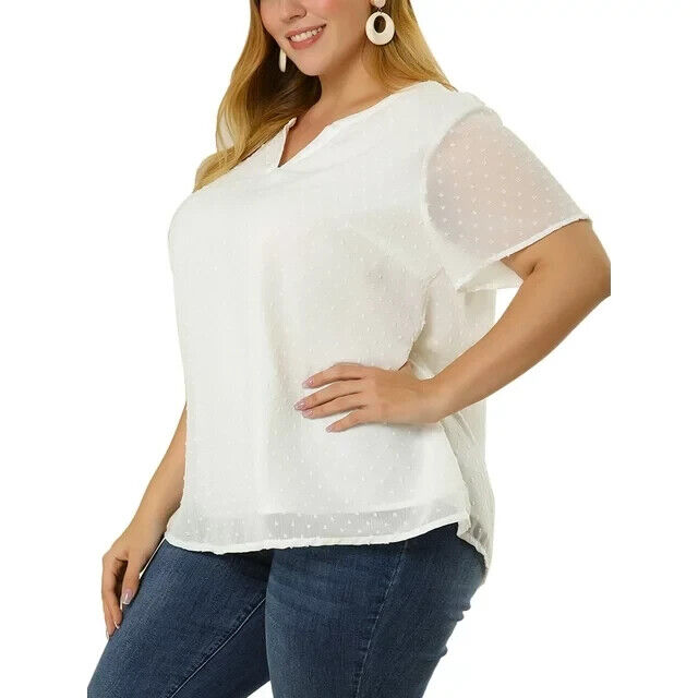 Agnes Orinda Women's Plus Size Summer Pin Dots Short Basic Plain Blosue White 2X
