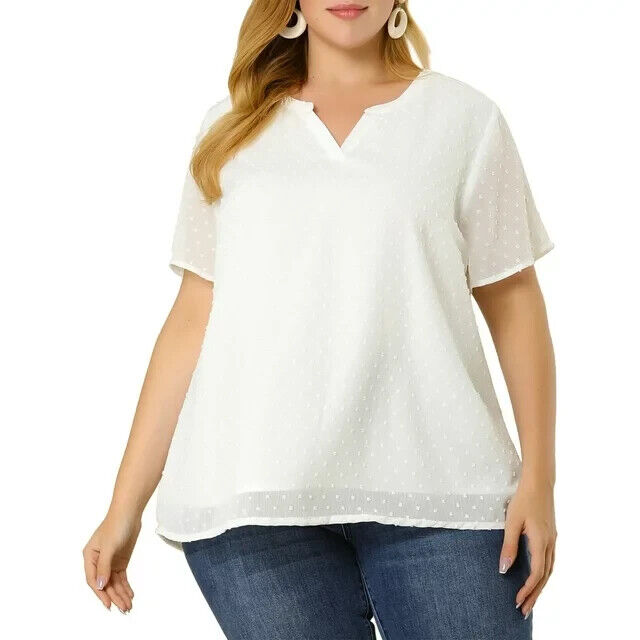 Agnes Orinda Women's Plus Size Summer Pin Dots Short Basic Plain Blosue White 2X