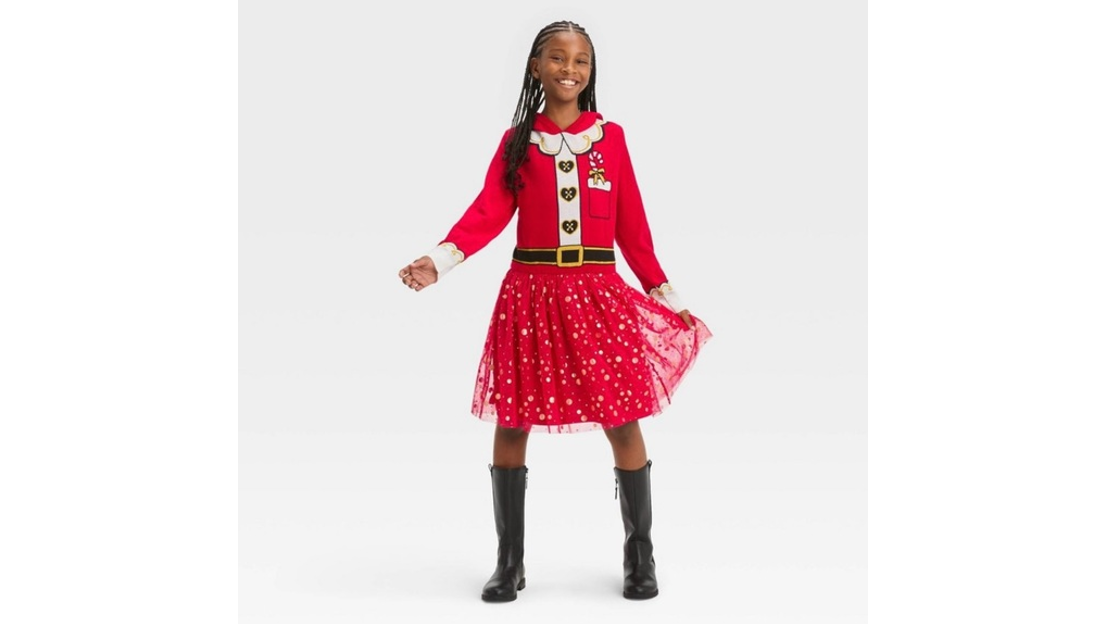 Well Worn Girls Holiday Christmas Santa Hooded Sweater Dress, Christmas Red, L