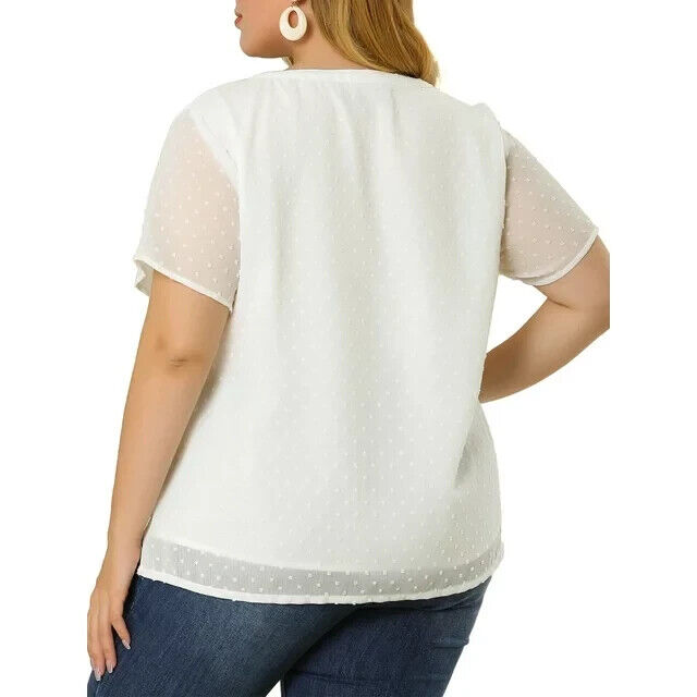 Agnes Orinda Women's Plus Size Summer Pin Dots Short Basic Plain Blosue White 2X