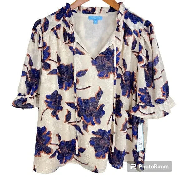 Draper James RSVP Floral Tie Neck Ivory Blue Magnolia Fully Lined Blouse Size 3X