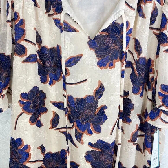Draper James RSVP Floral Tie Neck Ivory Blue Magnolia Fully Lined Blouse Size 3X