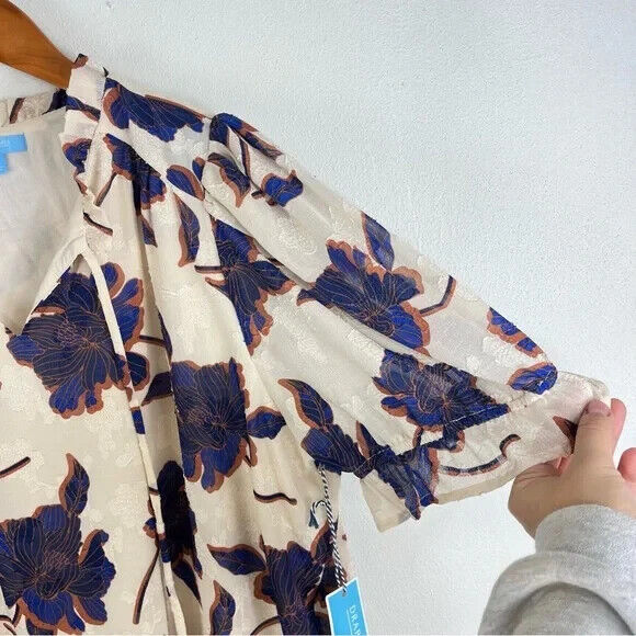Draper James RSVP Floral Tie Neck Ivory Blue Magnolia Fully Lined Blouse Size 3X