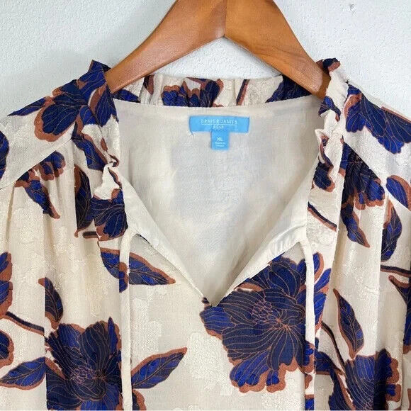 Draper James RSVP Floral Tie Neck Ivory Blue Magnolia Fully Lined Blouse Size 3X