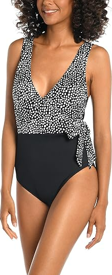 AMAVI Women's Standard Over The Shoulder Surplice One Piece Swimsuit Black, 8