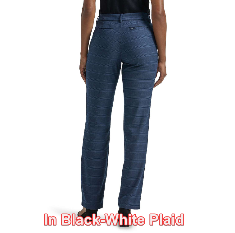 Women's Lee Wrinkle-Free Relaxed Fit Straight-Leg Pants, Black-White Plaid, 14M