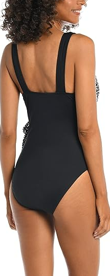 AMAVI Women's Standard Over The Shoulder Surplice One Piece Swimsuit Black, 8