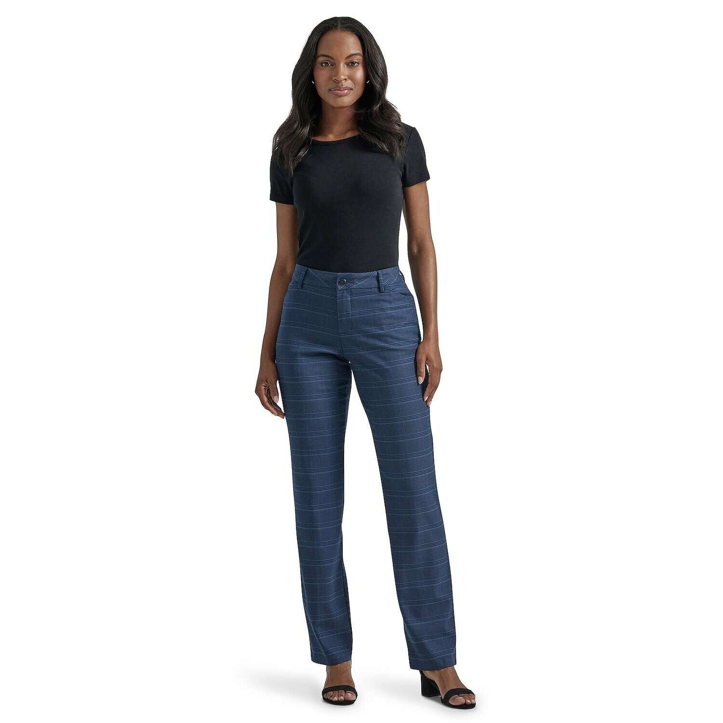 Women's Lee Wrinkle-Free Relaxed Fit Straight-Leg Pants, Black-White Plaid, 14M