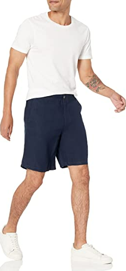 Essentials Men's Classic-Fit Flat-Front 9" Linen Short, Navy, Large