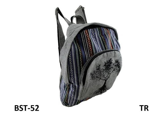 Zeckos Tree of Life Grey Cotton Canvas Striped Tapestry Fully Lined Backpack