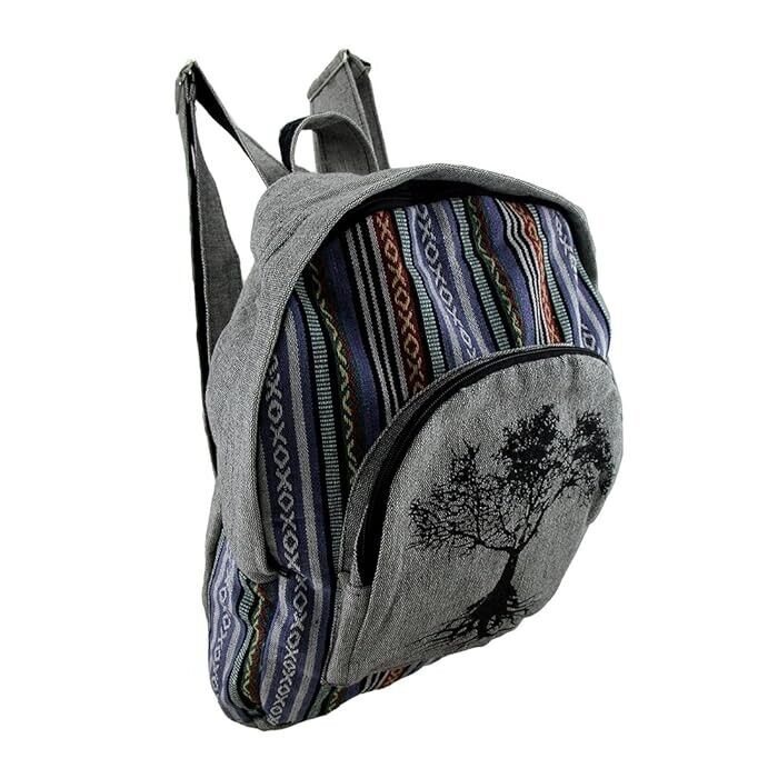 Zeckos Tree of Life Grey Cotton Canvas Striped Tapestry Fully Lined Backpack