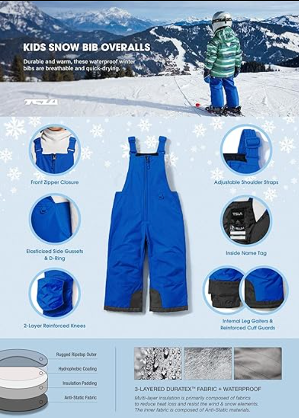 TSLA Kids & Boys & Girls Winter Snow Bibs, Waterproof Insulated Overalls Blue S8