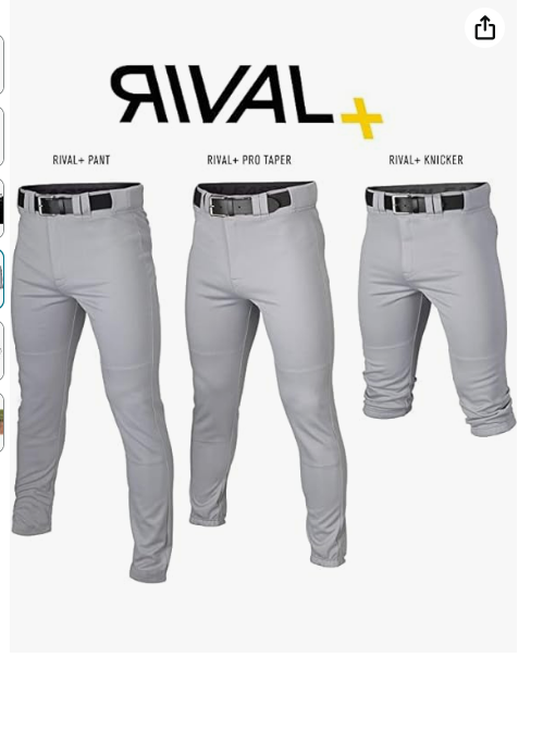 Easton RIVAL+ KNICKER Piped Baseball Pant, Grey/Black, Adult, Large