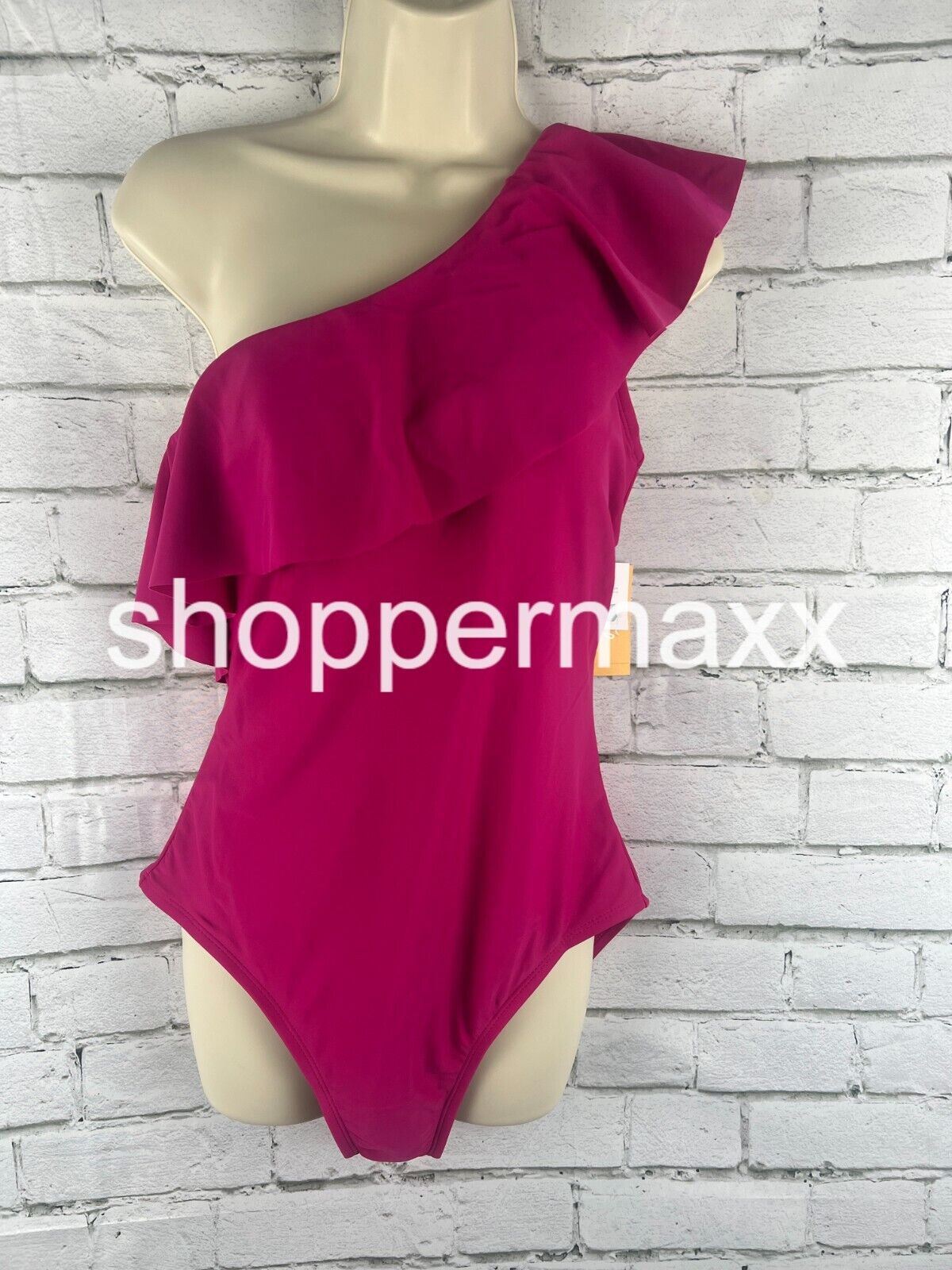 Women's Ruffle One Shoulder Full Coverage One Piece Swimsuit, Pink, Large