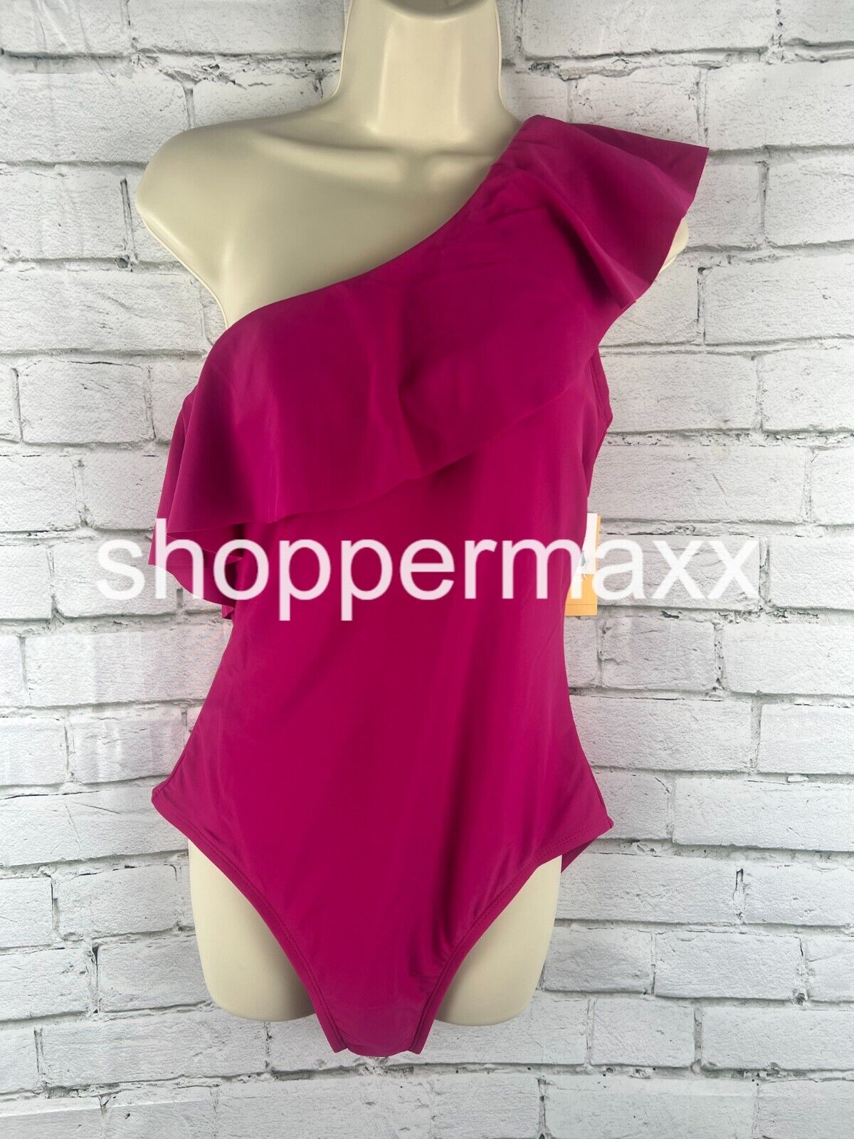 Women's Ruffle One Shoulder Full Coverage One Piece Swimsuit, Pink, Large