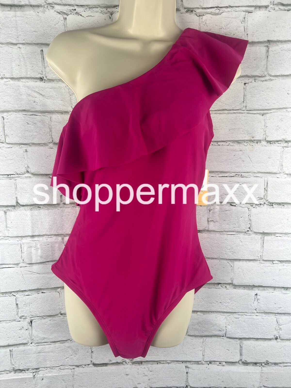 Women's Ruffle One Shoulder Full Coverage One Piece Swimsuit, Pink, Large