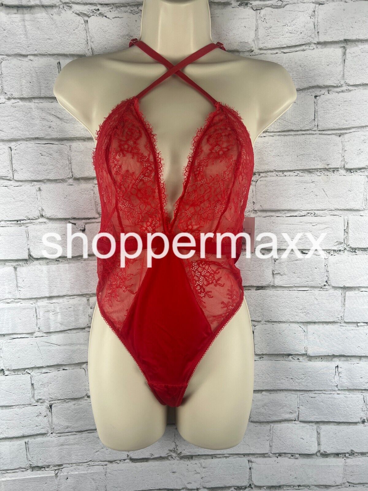 Women's Deep-V Unlined Lace Lingerie Bodysuit - Auden, Color- RED, Size- Small