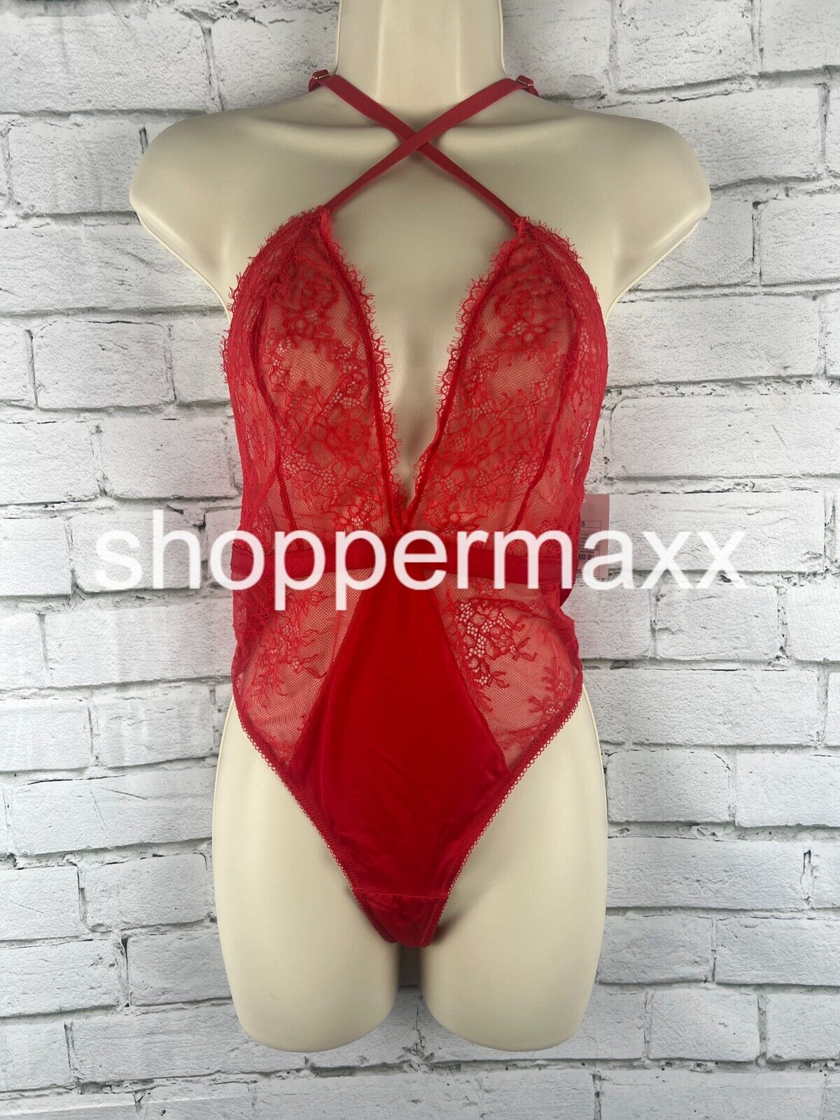 Women's Deep-V Unlined Lace Lingerie Bodysuit - Auden, Color- RED, Size- Small